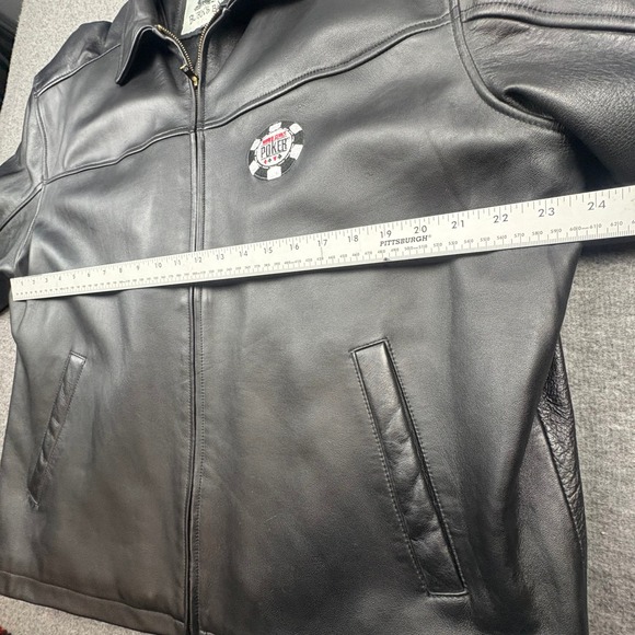 Burks Bay Mens XL Black Leather Bomber Jacket World Series Poker Patch Zip Up - Picture 12 of 15
